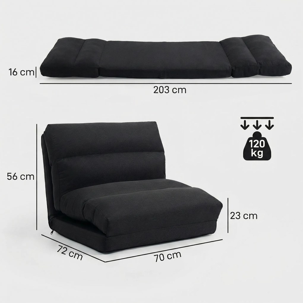 Poltrona de chão, sofá reclinável, poltrona convertível em cama reclinável de 90° a 180°, tecido - 70 x 72 x 56 cm - preto