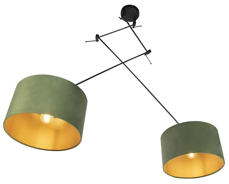 Candeeiro de suspensão preto com abajures de veludo verde e dourado 35 cm 2 luzes - Blitz Country / Rústico,Rústico