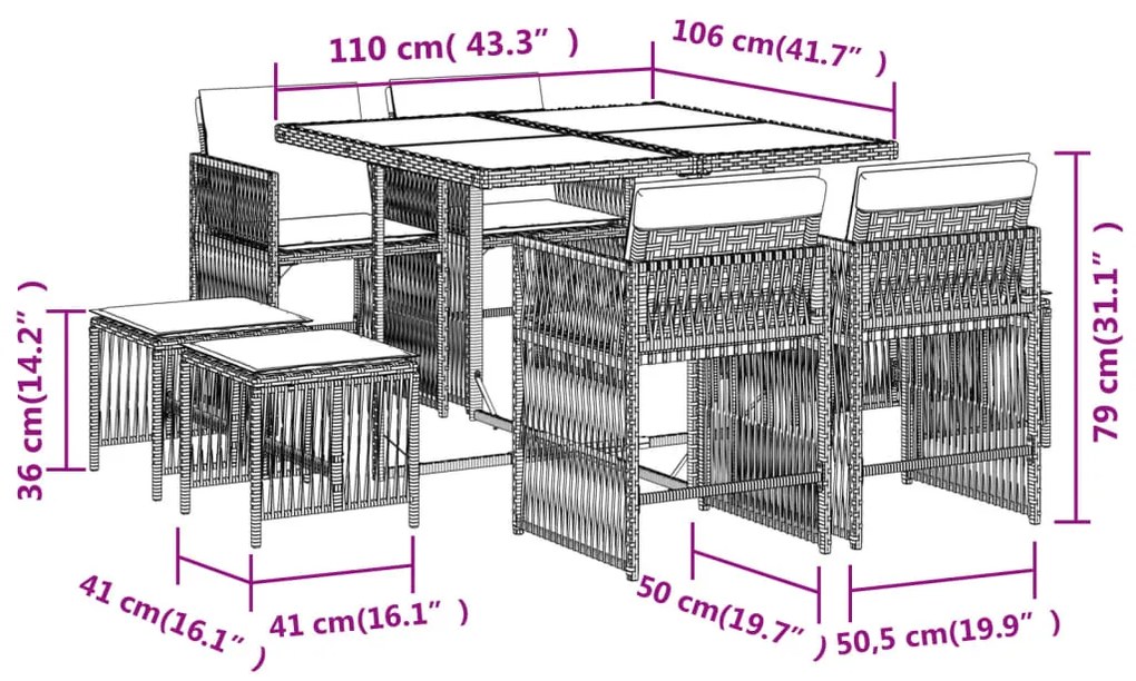 9 pcs conjunto de jantar p/ jardim c/ almofadões vime PE cinza