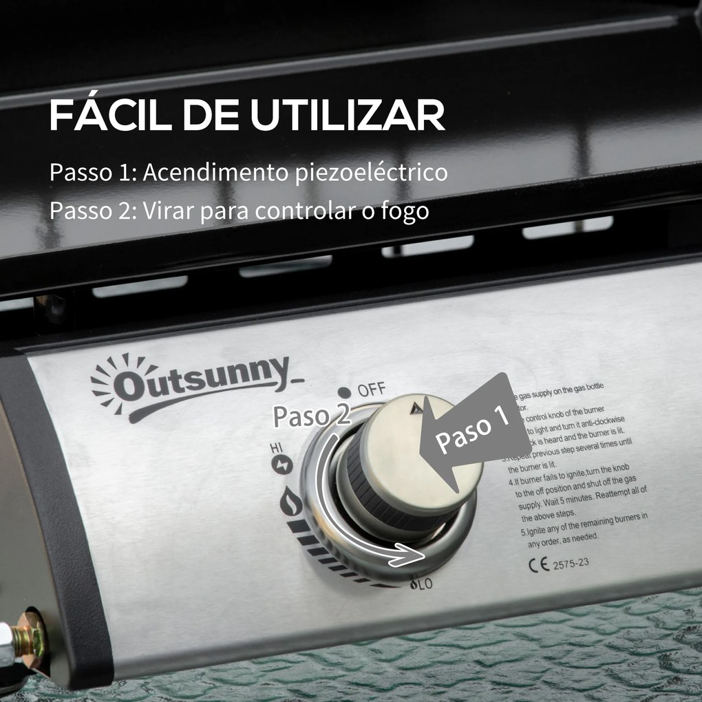 Chapa a Gás de Mesa com 2 Queimadores de Aço Inoxidável 6 kW Portátil para Piquenique Campismo 48,5x46x21 cm Preto e Prata