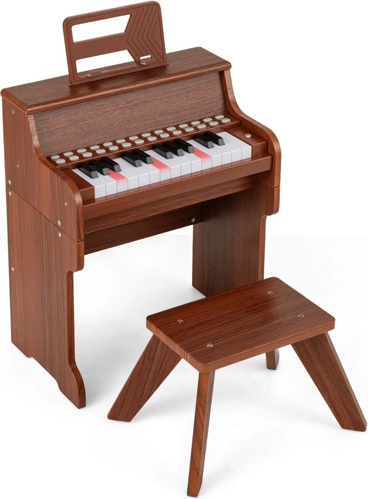 Piano de brincar com 25 teclas para crianças 38 x 24 x 47 cm, com banco e suporte, velocidade e volume ajustáveis, modo de aprendizagem, design em mad