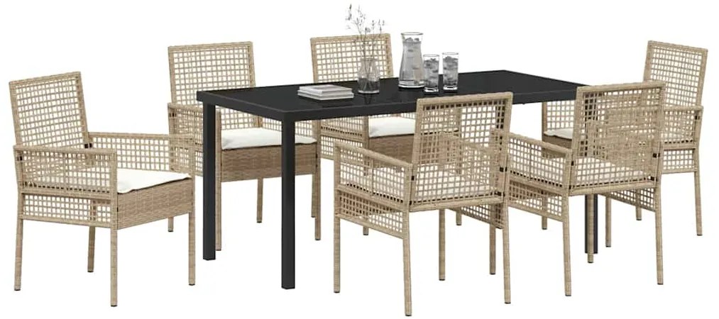 Conjunto de Jantar com 7 Peças e Almofadas Bege Rattan Sintético