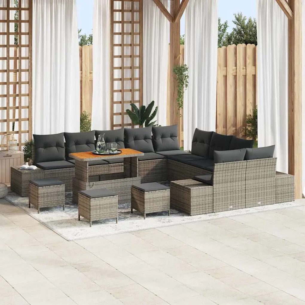vidaXL Conjunto de Sofá de Jardim de 14 Peças com Almofadas Cinzas em Rattan e Acácia