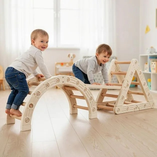 Conjunto de triângulo para crianças de escalada Montessori 5 em 1 com trepa-trepa em forma de triângulo Arco e escada dupla Bege + Castanho