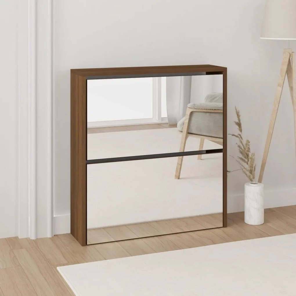 342634 vidaXL Sapateira com espelho 2 divisórias 63x17x67cm carvalho castanho