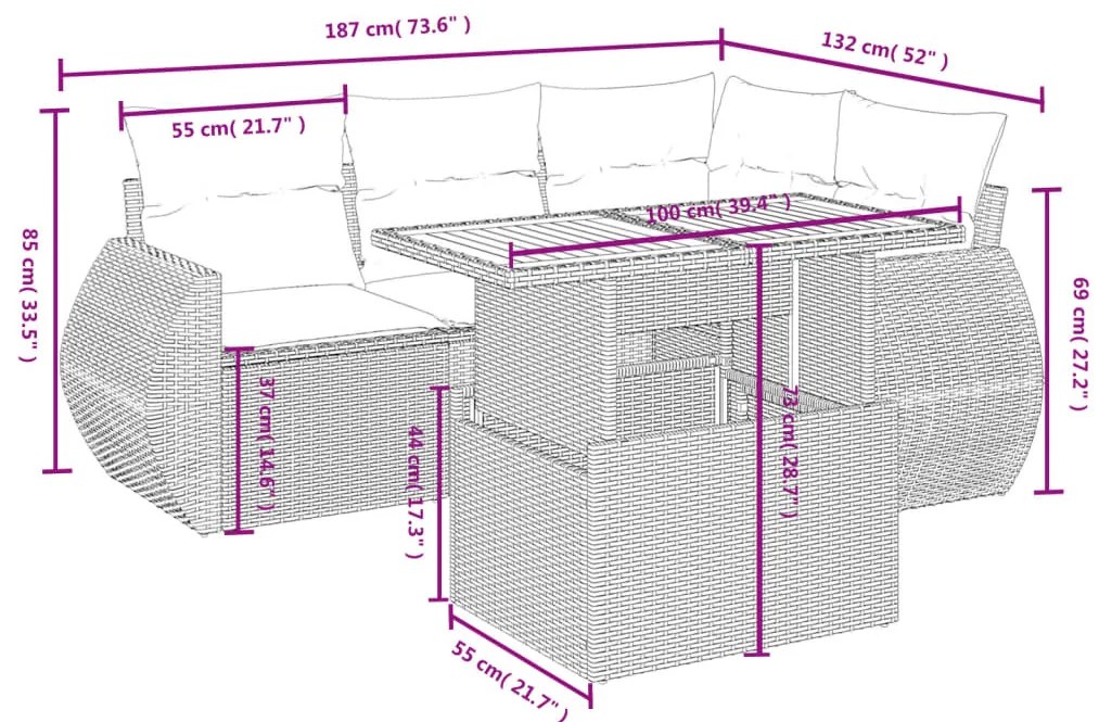 5 pcs conjunto sofás de jardim com almofadões vime PE preto