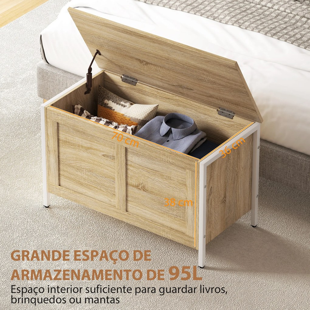 Baú de Armazenamento 95L Baú de Arrumação com Tampa Banco de Armazenamento com Dobradiça de Segurança 80x40x50 cm Madeira