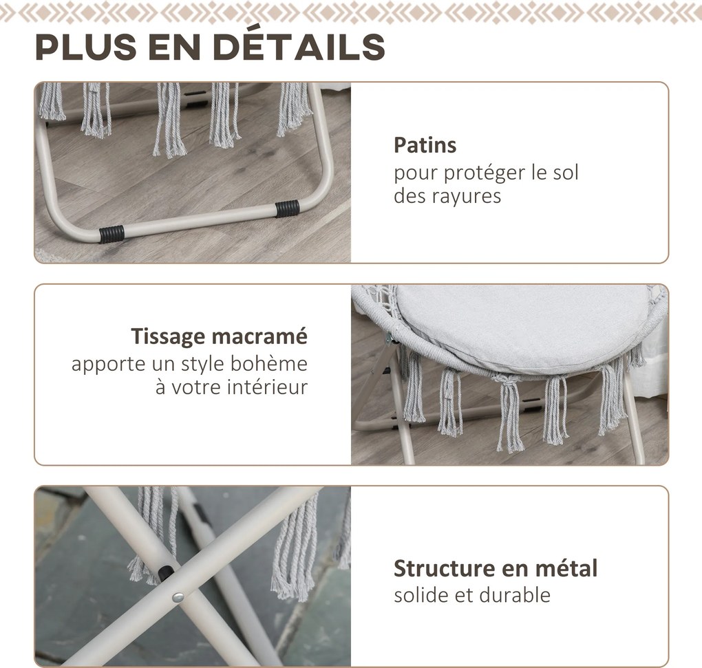 Poltrona redonda de jardim Loveuse, poltrona Papasan em forma de lua, dobrável, de grande conforto, em macramé de algodão e poliéster cinzento