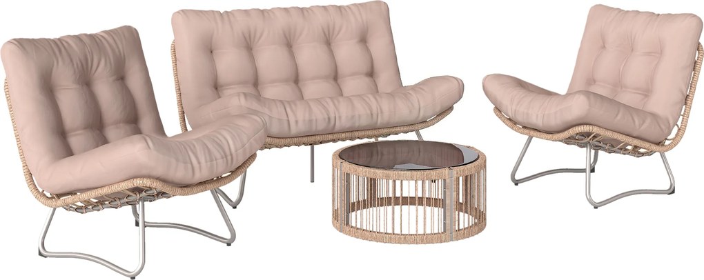Outsunny Conjunto de Mobiliário de Jardim 4 Peças Polyrattan Conjunto Lounge com Sofá 2 Lugares 2 Poltronas Mesa de Vidro Assento Largo &amp; Profundo Almofadas Espessas | Aosom Portugal