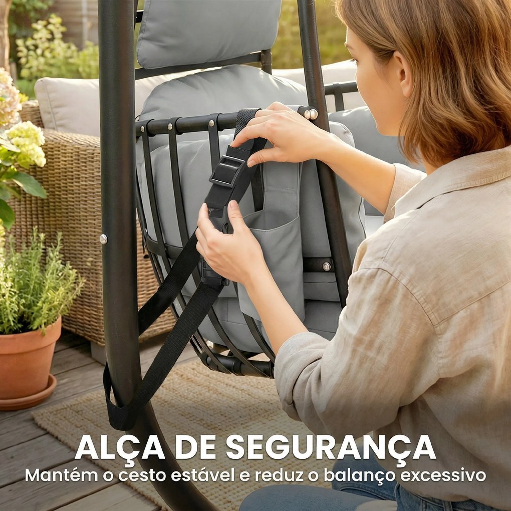 Cadeira Suspensa Tipo Ovo com Suporte Cesto Dobrável Apoio de Cabeça Almofada Bolso Lateral Capacidade 120 kg Cinzento Escuro