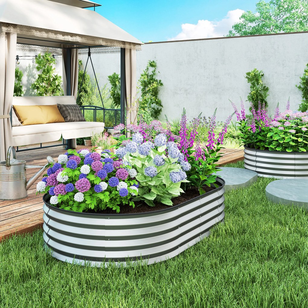 Conjunto de 2 floreiras elevadas em aço galvanizado 152 x 91 x 30 cm, kit de floreiras de jardim com rebordo em borracha, prateadas