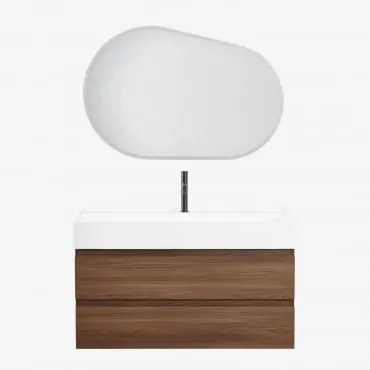 Conjunto De Móvel De Casa De Banho Suspenso Em Madeira E Folha De Freixo Com Lavatório Integrado Ona Oval Led E Anti-embaciamento 100x80 Cm Riben & Pr