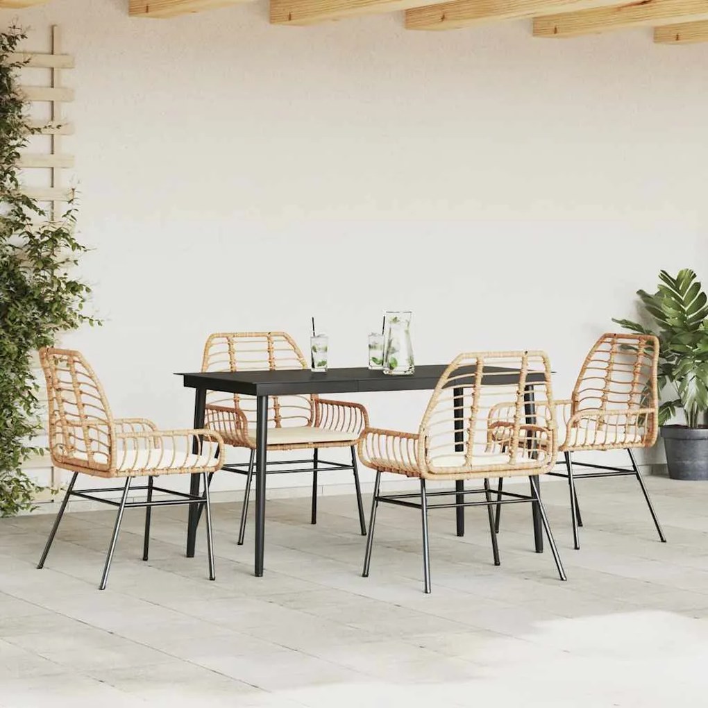 Conjunto jantar jardim 5 peças almofadas vidro vime PE castanho