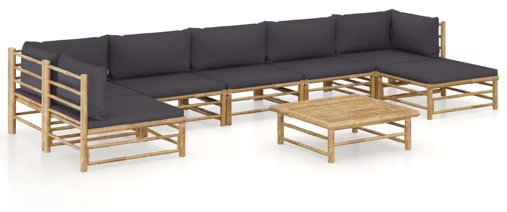 vidaXL 8 pcs conj. lounge jardim em bambu c/ almofadões cinza-escuro