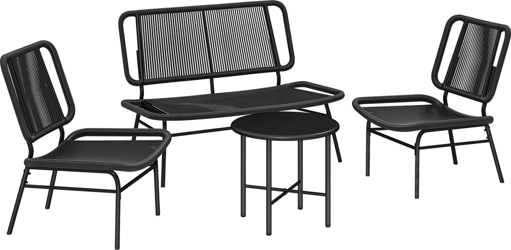 Conjunto Jardim de Vime com 4 peças Inclui Sofá de 2 Lugares 2 Poltronas e Mesa de Centro com Tampo Metálico Preto