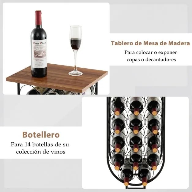 Garrafeira para 14 garrafas de vinho com rodas amovíveis e bloqueáveis 38 x 30 x 82 cm Castanho e preto