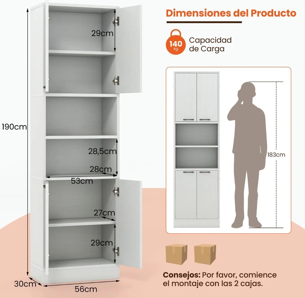 Armário de despensa para cozinha 56 x 30 x 190 cm com portas e prateleiras cinza claro