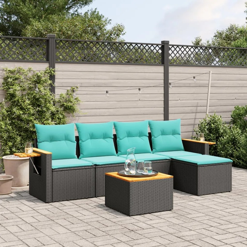 6 pcs conjunto de sofás p/ jardim c/ almofadões vime PE preto