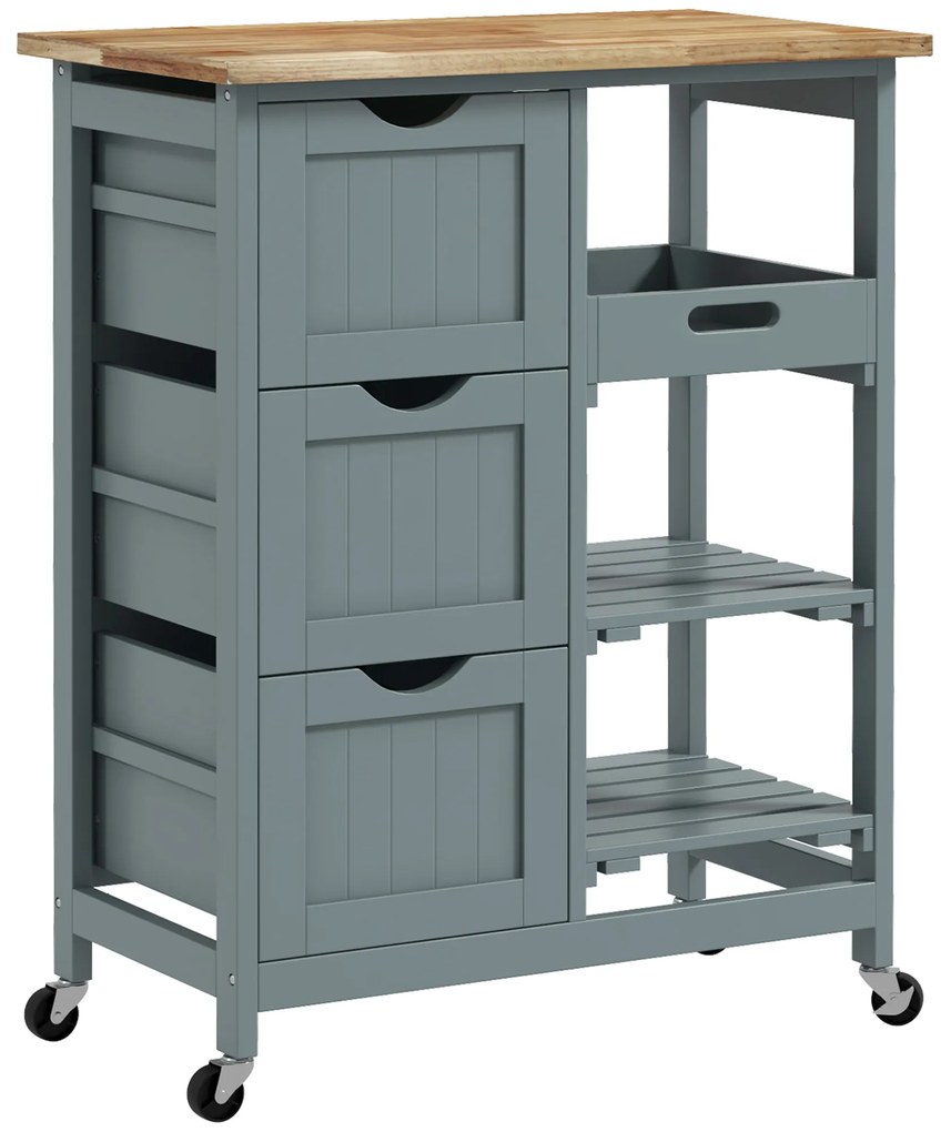 HOMCOM Carrinho de Cozinha com Rodas Carrinho de Serviço com 3 Gavetas 2 Prateleiras Abertas e Bandeja 67x37x85,5 cm Cinzento