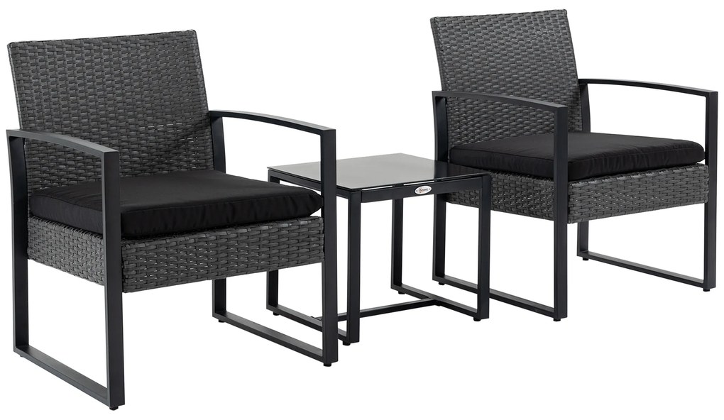 Conjunto de Móveis de Jardim de Vime 3 Peças com 1 Mesa 42,5x40x39 cm 2 Poltronas 63x57x76 cm Cinzento e Preto