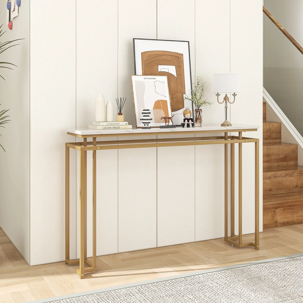 Mesa de console moderna com estrutura geométrica e tampo de mármore falso - branco