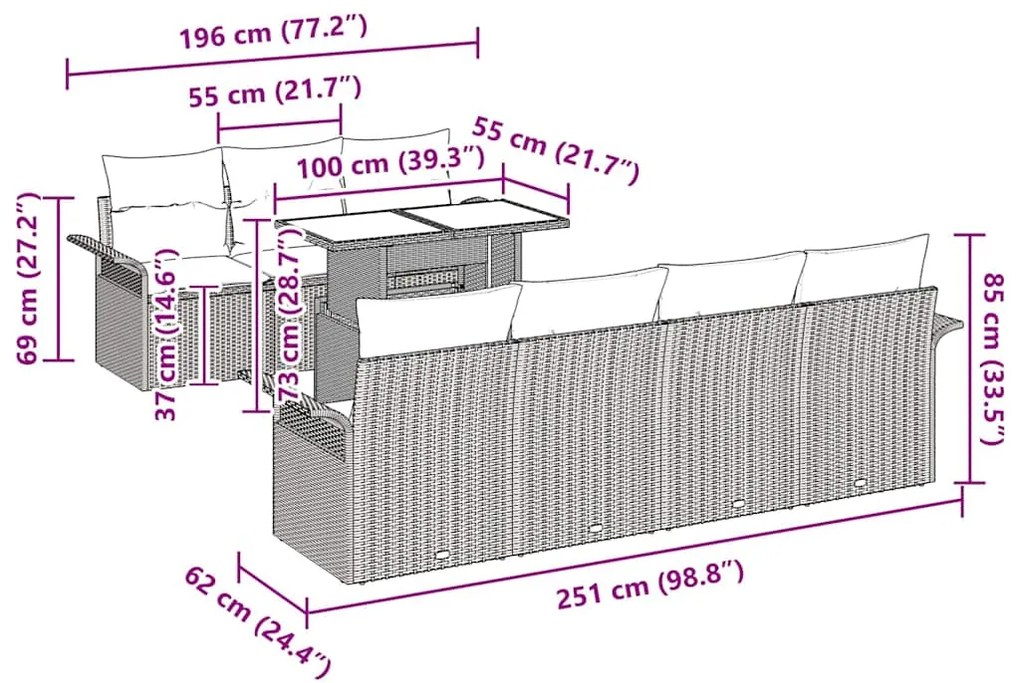 Conjunto de Sofá de Jardim com 8 Peças e Almofadas Cinzas em Rattan Si