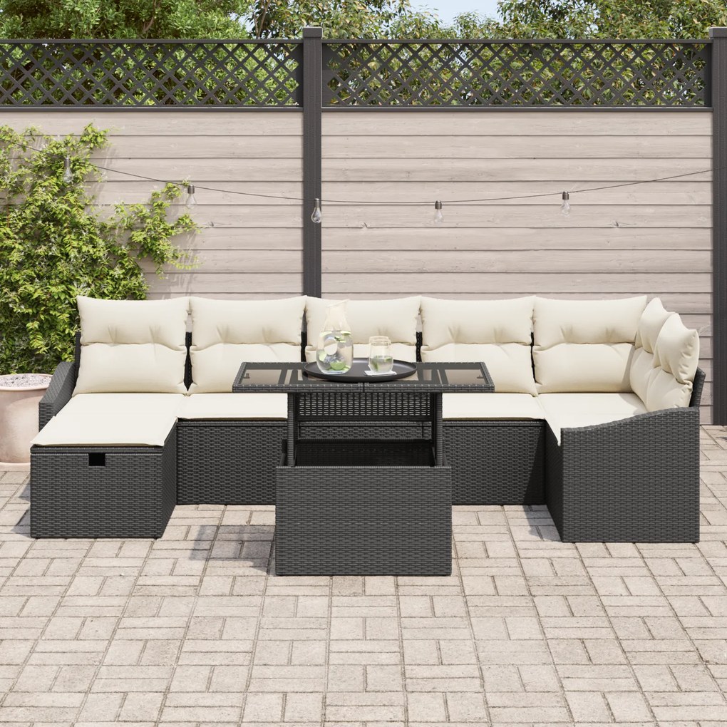 Conjunto de Sofás de Jardim de 8 Peças com Almofadas em Preto e Vime P