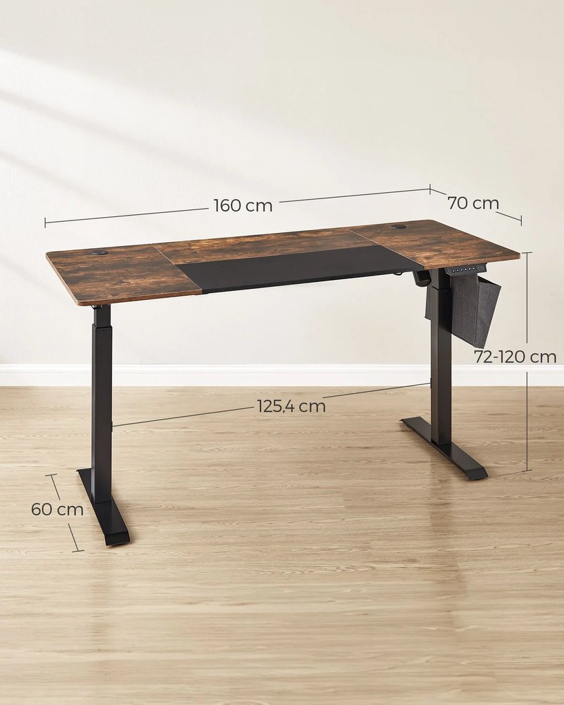 Secretária regulável em altura eléctrica 70 x 160 x (72-120) cm Castanho Vintage e Preto