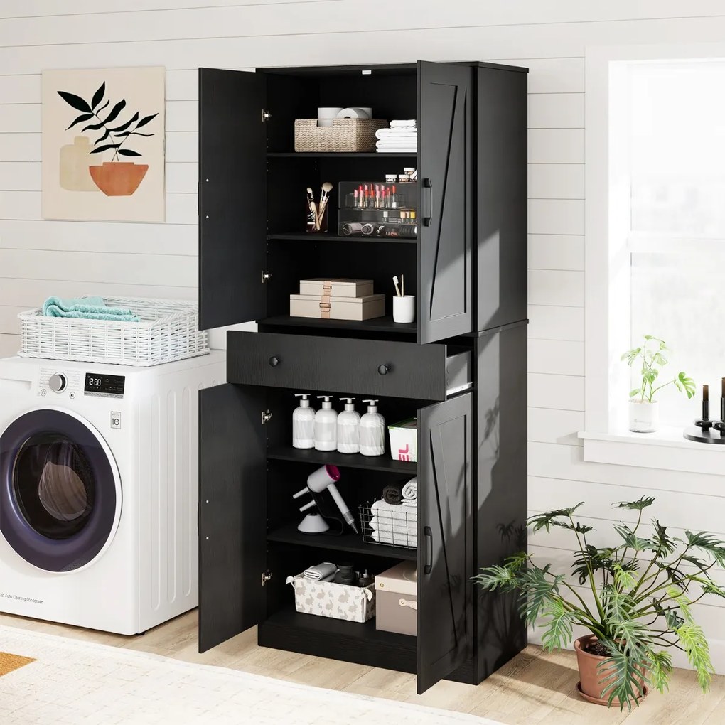 Armário Sala, despensa cozinha moderno 77 x 39 x 183 cm com 4 portas, gaveta e 3 prateleiras ajustáveis Preto