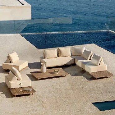 Conjunto De Jardim Com Sofá Modular De Canto De 5 Peças Com Mesa Auxiliar E Mesa De Centro 160x95 Cm Em Acácia Portet Marrom Acácia Claro - Sklum