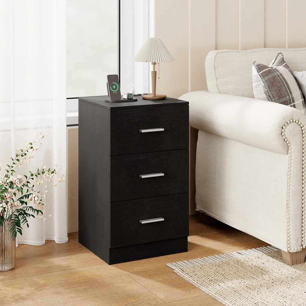 Mesa de cabeceira com base de carregamento 38 x 35 x 66 cm, 3 gavetas, porta USB, moderna, para sala ou quarto, Preta