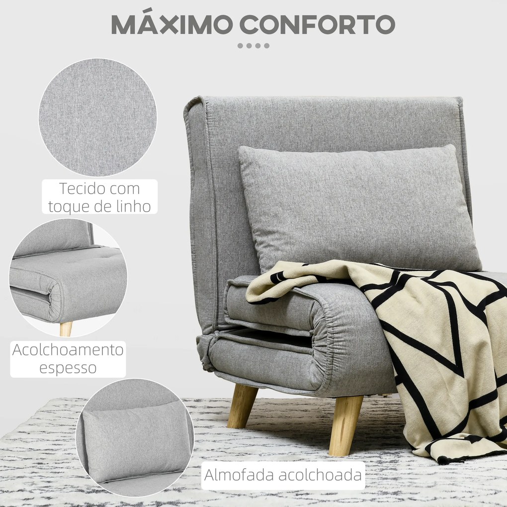 Poltrona 2 em 1 Sofá Cama Individual Dobrável com Encosto Ajustável e Almofada Carga 150 kg 72x78x79 cm Cinza