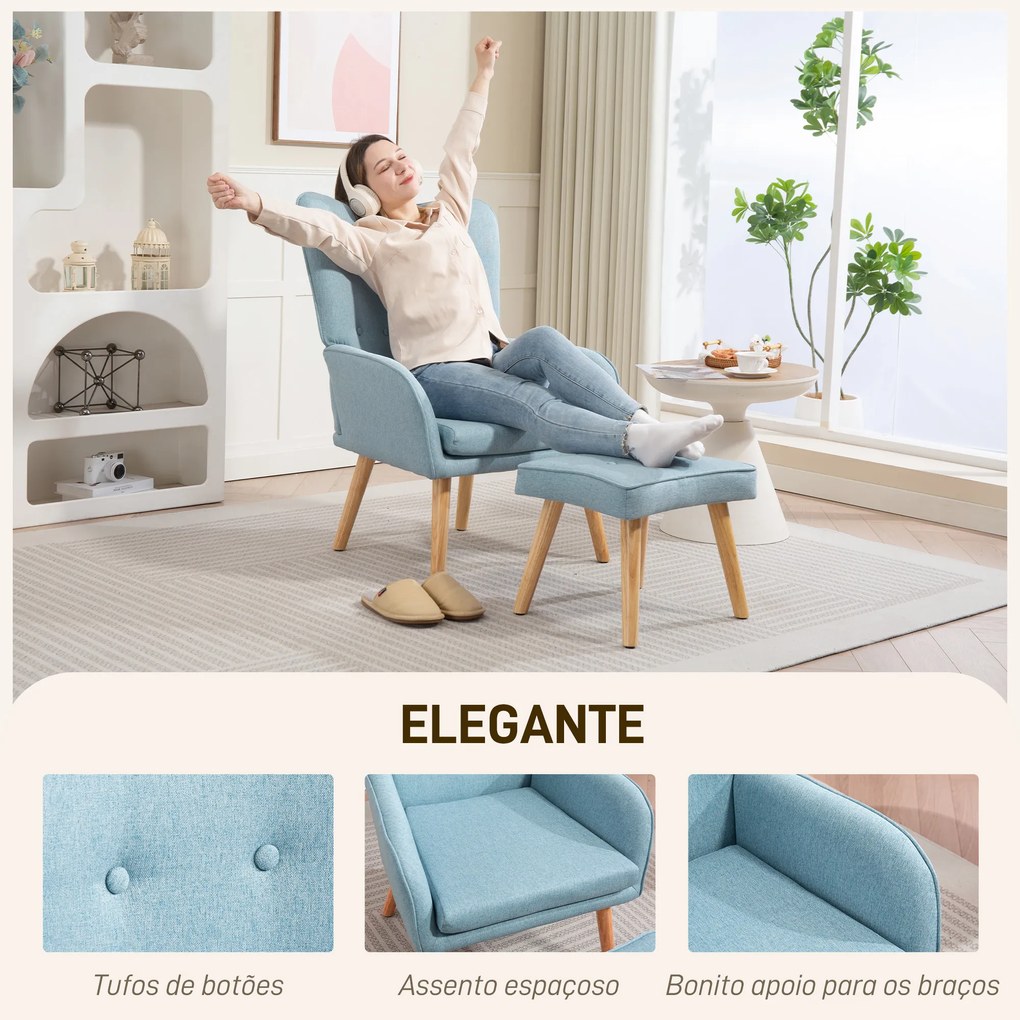Poltrona com Apoio para Pés Poltrona de Leitura com Capitonê Pés de Madeira e Revestimento em Linho 70x72x94 cm Azul Claro
