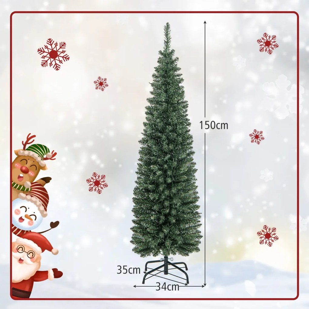 Árvore de Natal artificial pré-iluminada de 150 cm em forma de lápis com luzes LED brancas quentes Suporte de metal dobrável verde