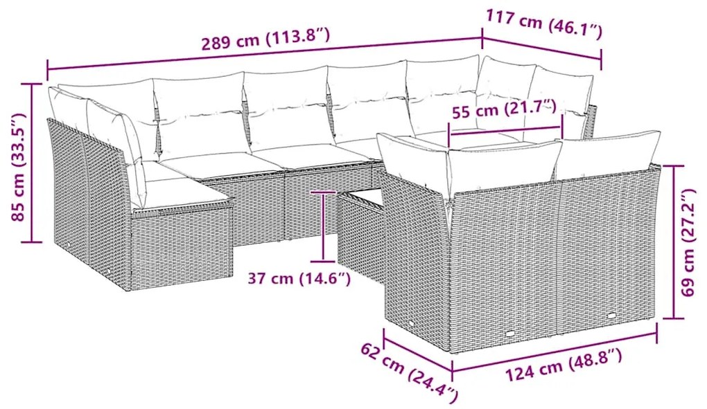 10 pcs conj. sofás jardim com almofadões vime PE cinzento-claro