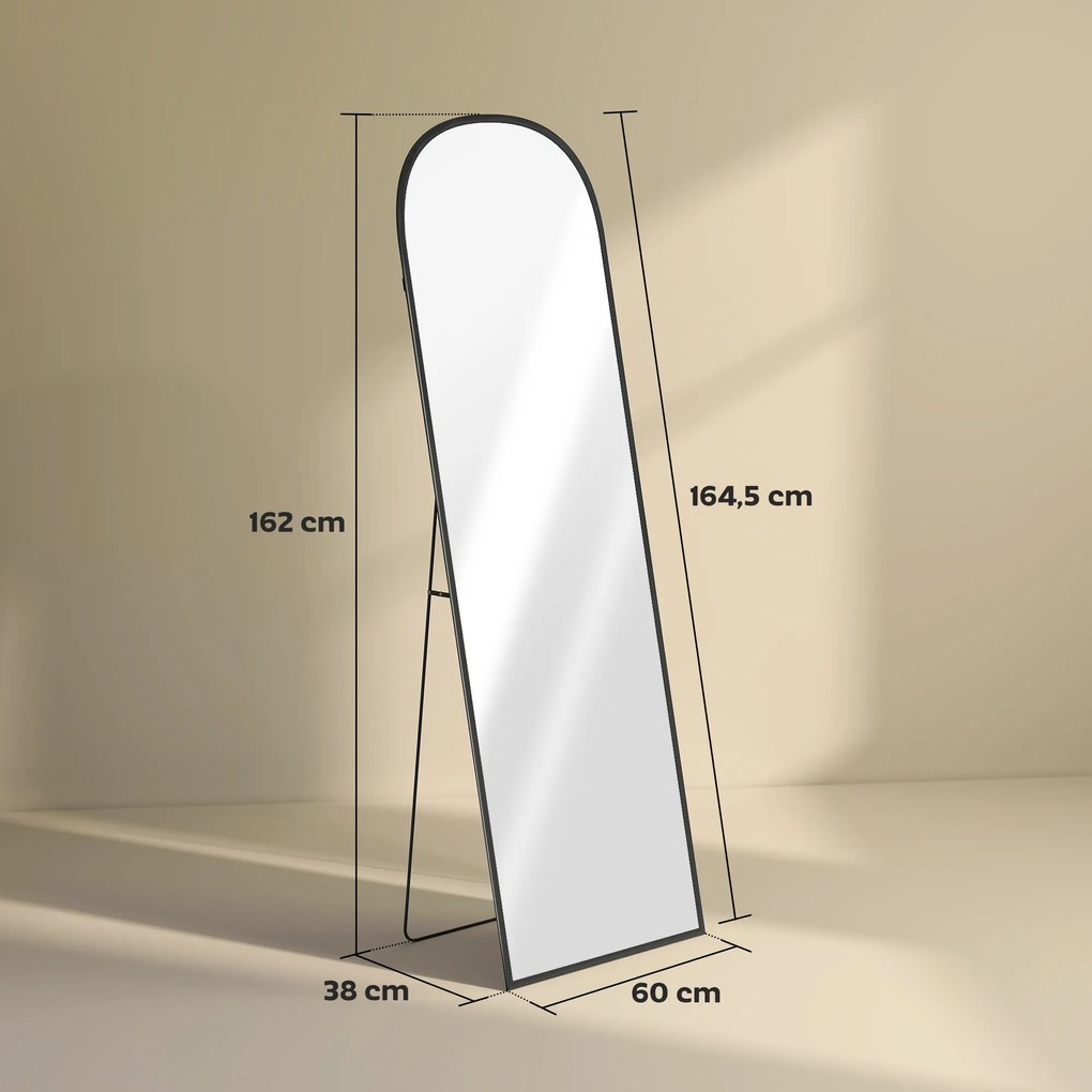 Espelho de Pé de Corpo Inteiro 60x165 cm com Estrutura de Liga de Alumínio e Suporte para Sala Quarto Preto