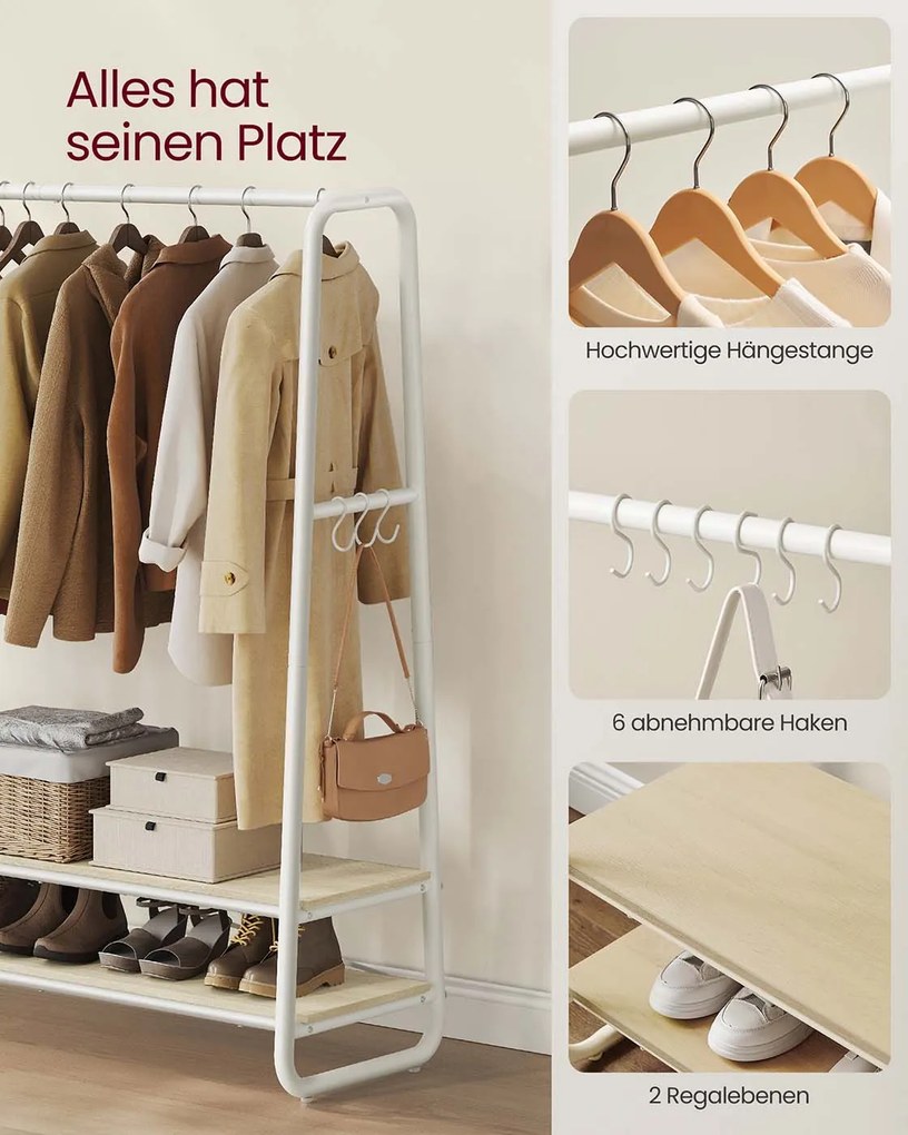 Guarda roupa aberto com 2 prateleiras e 6 ganchos laterais 45 x 138 x 160 cm bege natural + branco