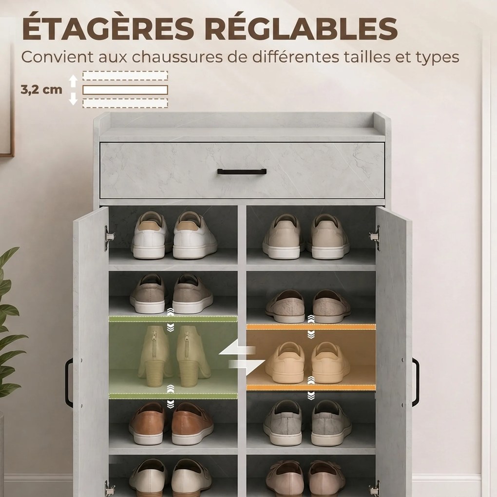 Sapateira, Móvel para Sapatos com 2 Portas, 62,5 x 35 x 95 cm, Prateleiras Reguláveis, Cinzento