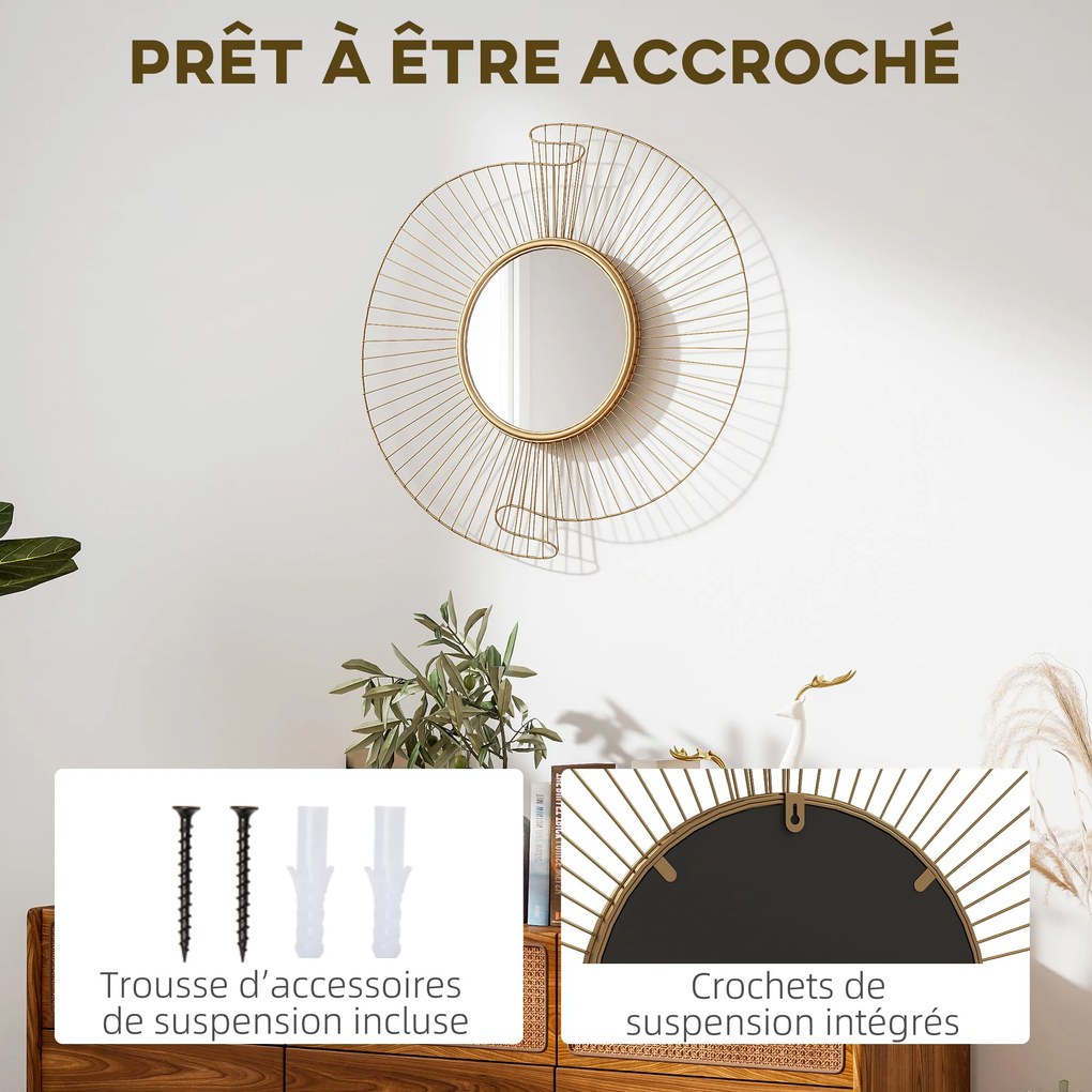 Espelho decorativo redondo de 60 cm com fixação de 360°, decoração de parede moderna em metal com detalhes plissados, dourado