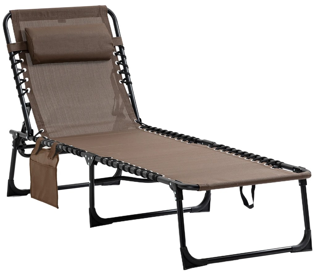 Outsunny Espreguiçadeira Dobrável de Jardim com Encosto Ajustável Apoio para Cabeça Acolchoado Bolso Lateral 185x58x30 cm Marrom