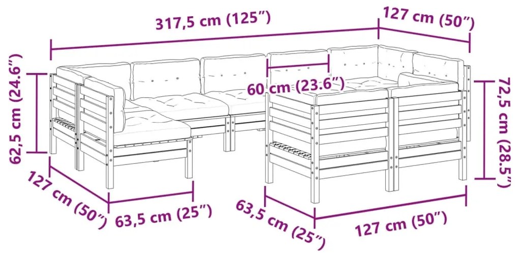 9 pcs conjunto sofás de jardim c/ almofadões pinho impregnado