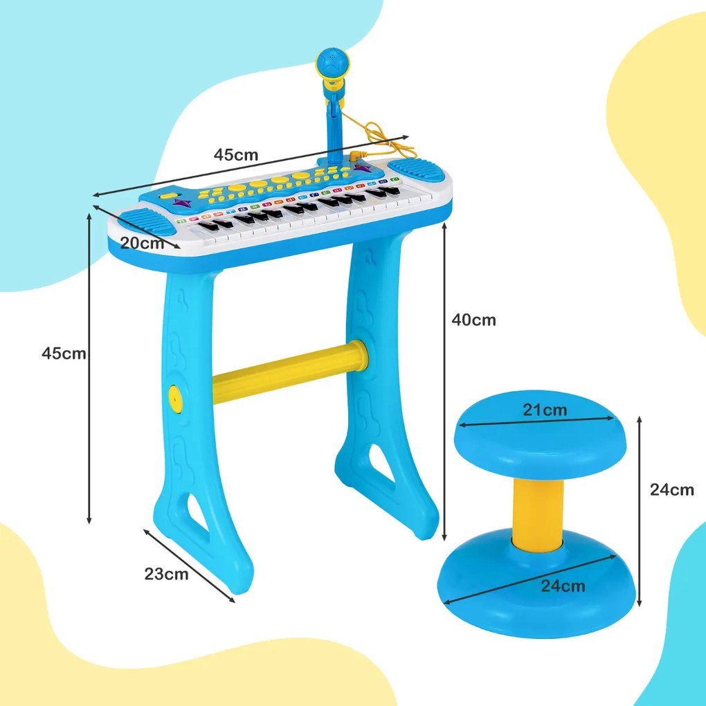 Conjunto de teclado infantil com 31 teclas, instrumento musical portátil, sons diversos, microfone leve, banco ajustável para crianças a partir de 3 a