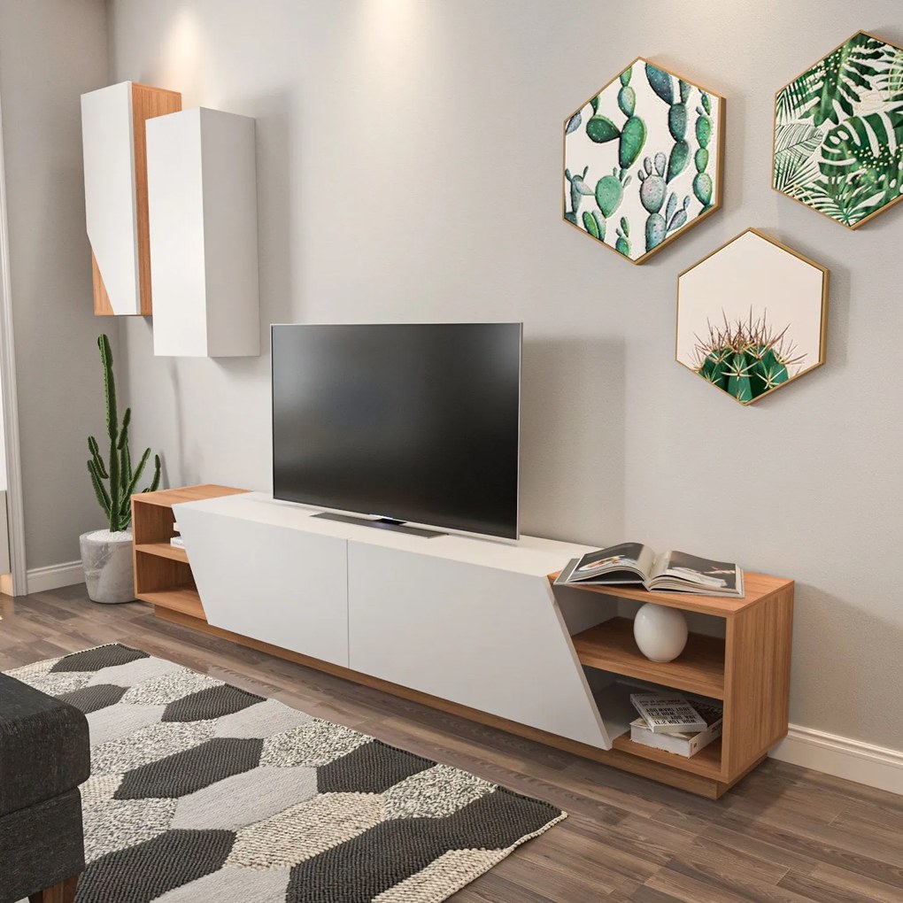 Móvel TV Zebra – Branco e Teca – 240x47x37,5 cm