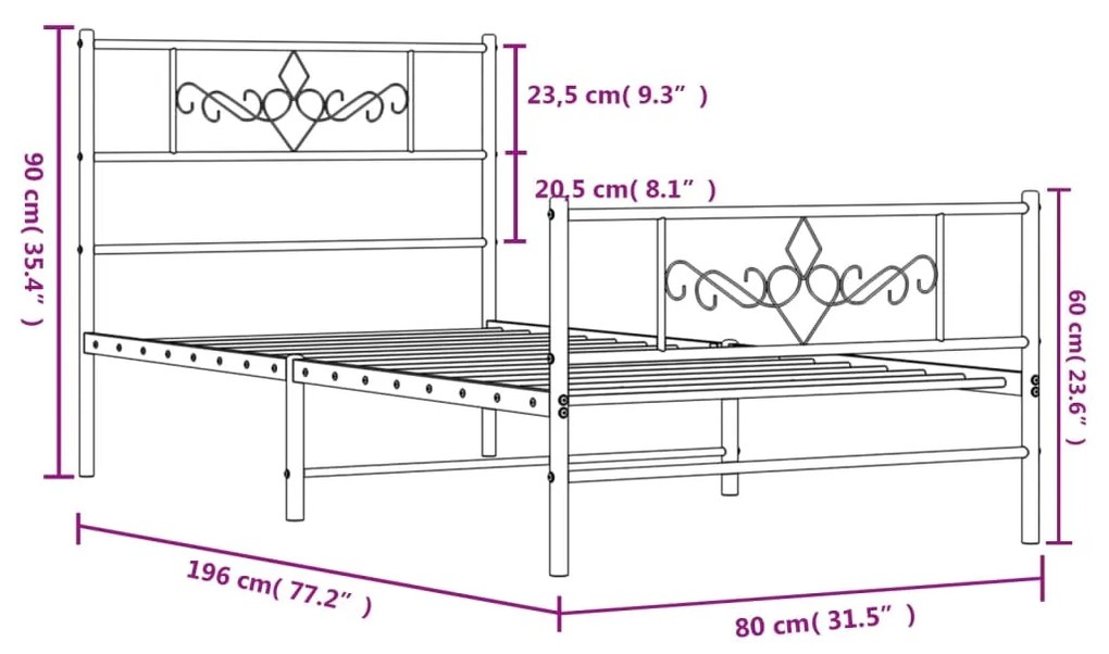 Estrutura de cama com cabeceira e pés 75x190 cm metal branco