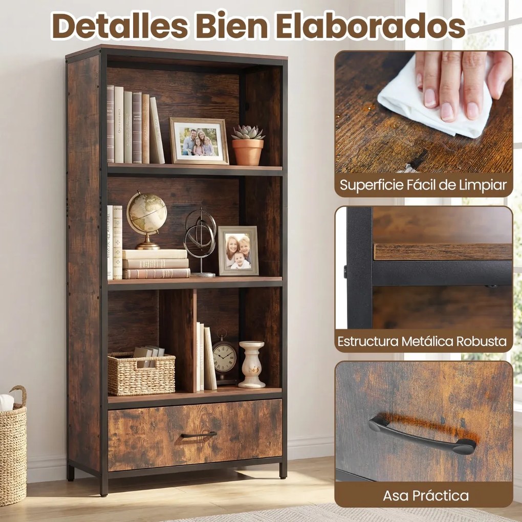 Estante de 4 níveis 68 x 30,5 x 151,5 cm com 4 compartimentos abertos e gaveta dobrável em tecido; Estrutura metálica para quarto ou escritório, em ca