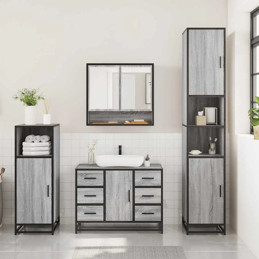3 pcs Conjunto móveis casa de banho madeira proc. cinza sonoma