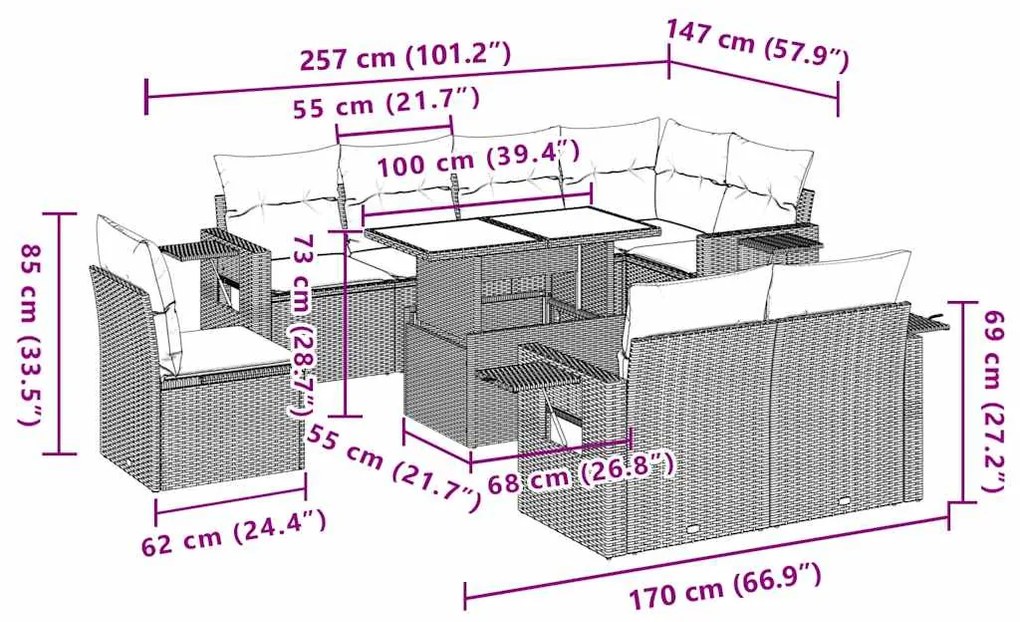 9 pcs conjunto de sofás p/ jardim c/ almofadões vime PE preto