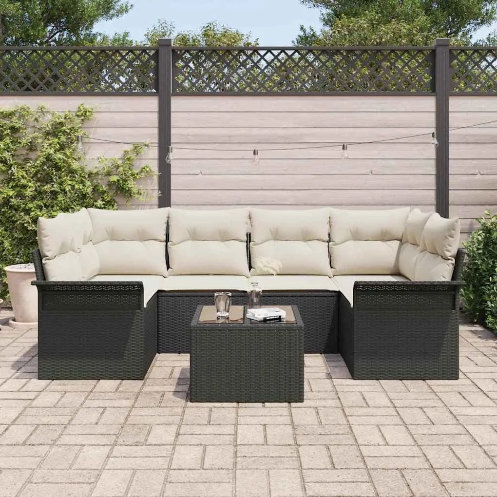 Conjunto de Sofá de Jardim de 7 Peças com Almofadas, Rattan Preto
