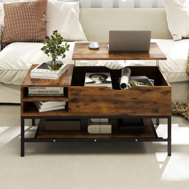 Mesa de centro elevável 99,5 x 49,5 x 47,5 cm com compartimento oculto com prateleira de armazenamento elevável Castanha