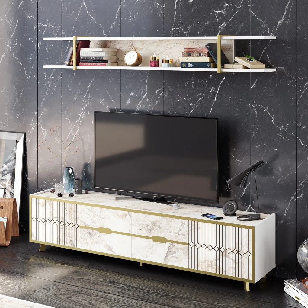Móvel de TV "Frida" com Estante de Parede - Branco Mármore e Dourado -